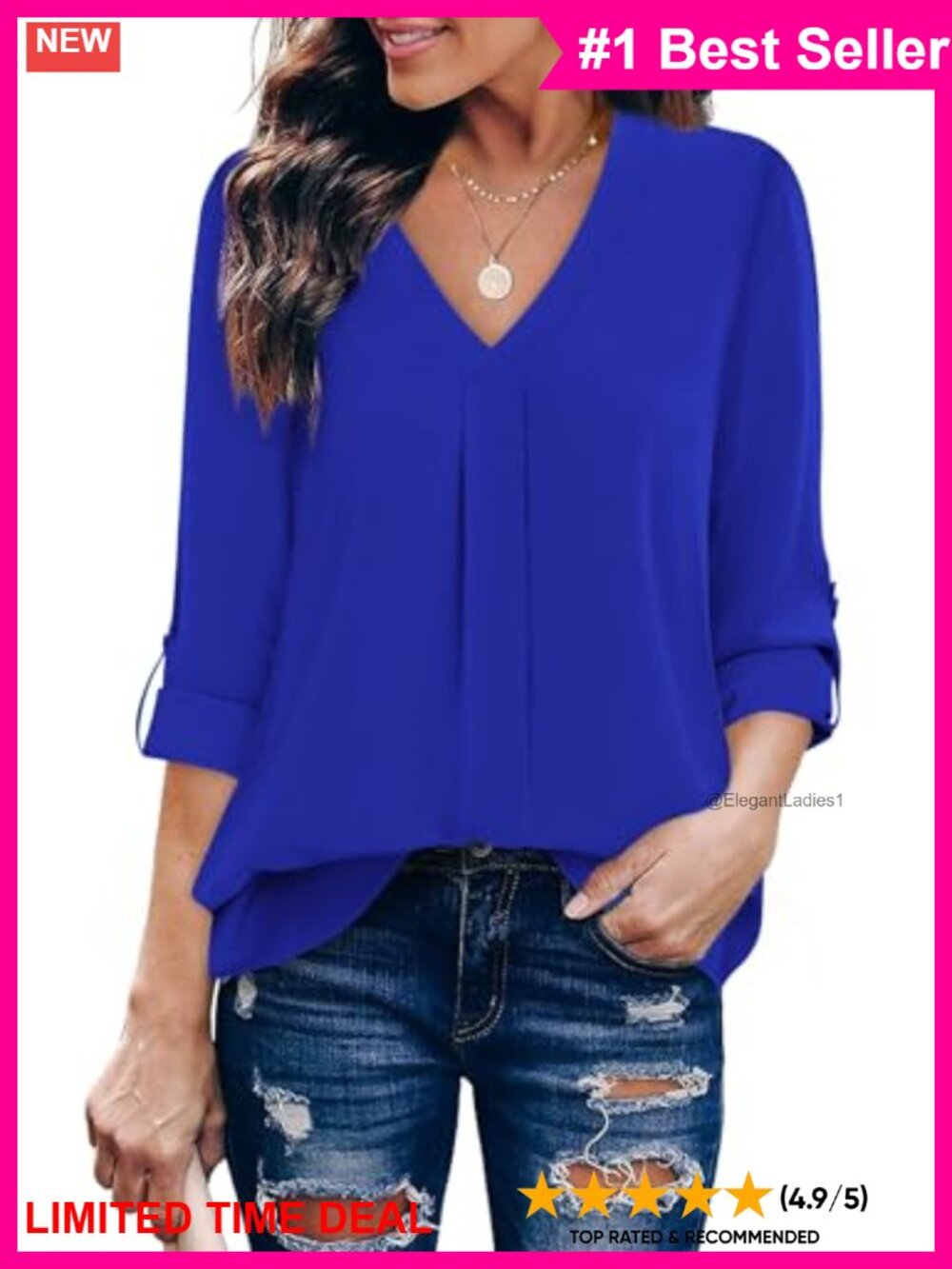 Womens Business Casual Pleated V Neck Cuffed Sleeve Chiffon Tunic Blouse Top